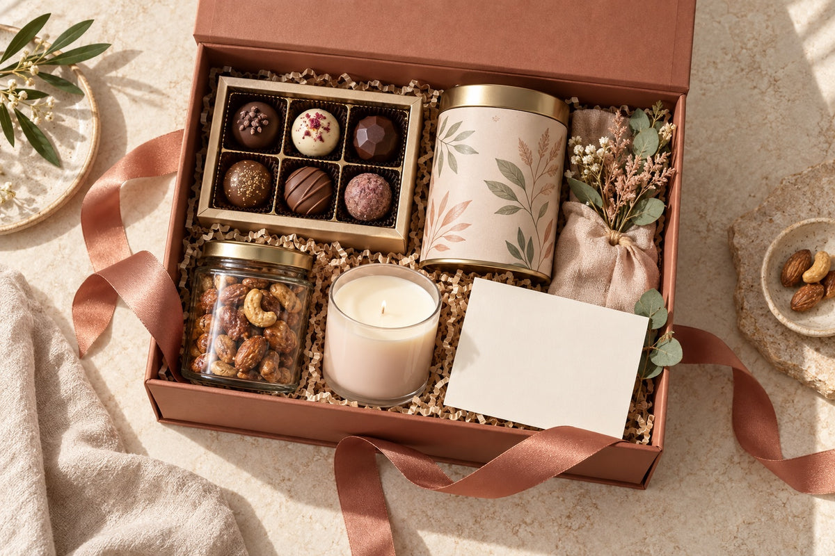 Festive gifting kit with sweets, tea, candle, dry fruits and a greeting card