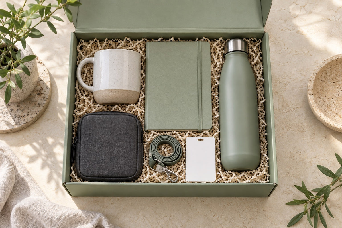 Event kit with notebook, mug, lanyard, tech pouch and bottle