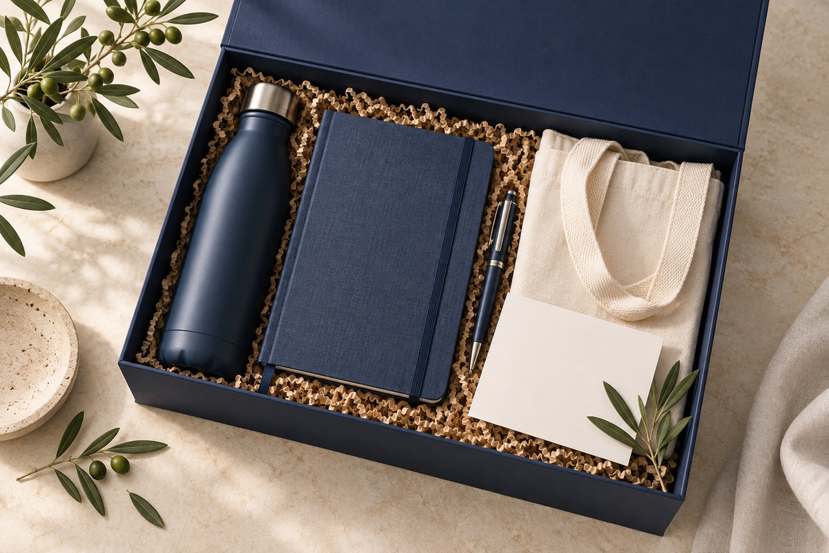 Welcome kit with bottle, notebook, pen, tote bag and card