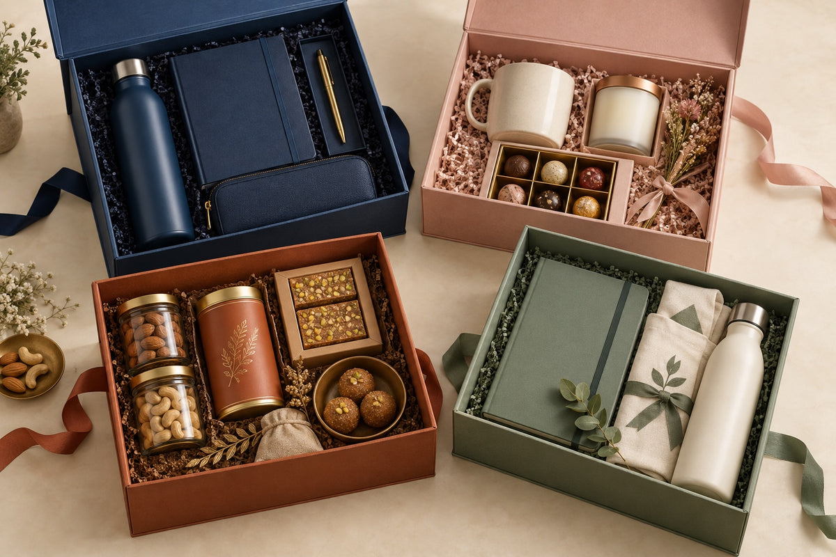 Navy, blush, terracotta and sage gift boxes with work essentials, chocolates, tea and keepsakes